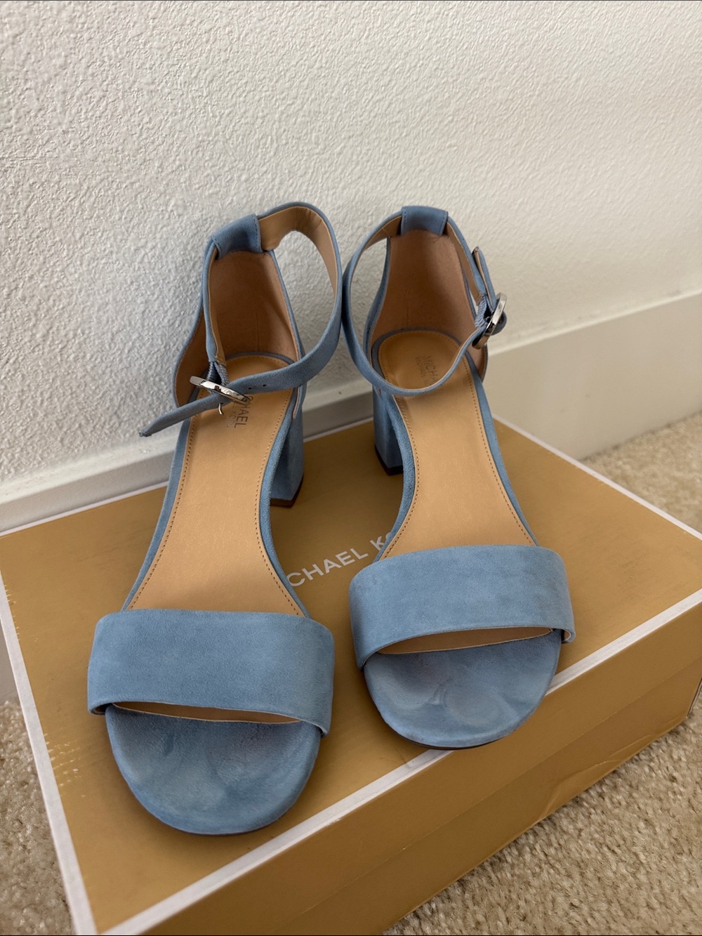 MICHAEL KORS Pale Blue Suede Block Heel Sandals